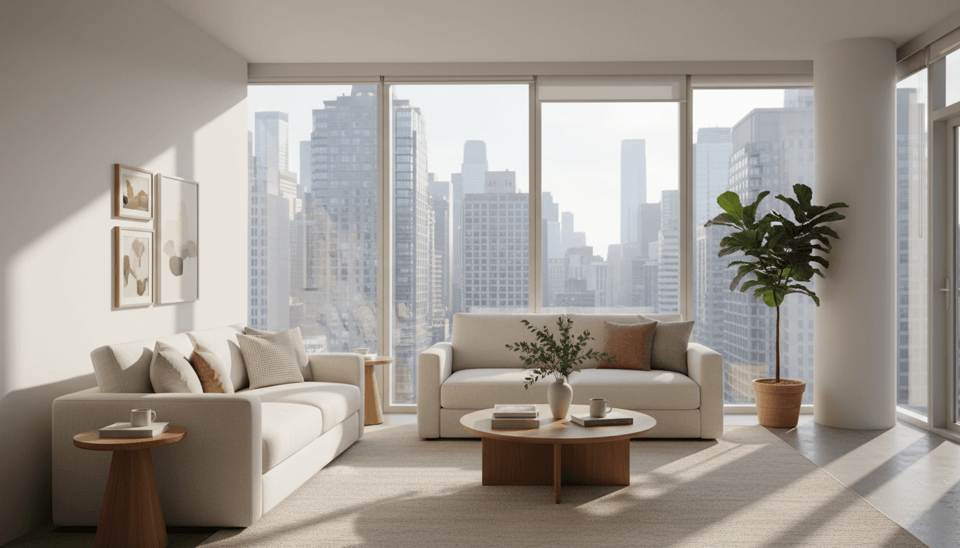 Bright modern apartment living room with sofa and city view