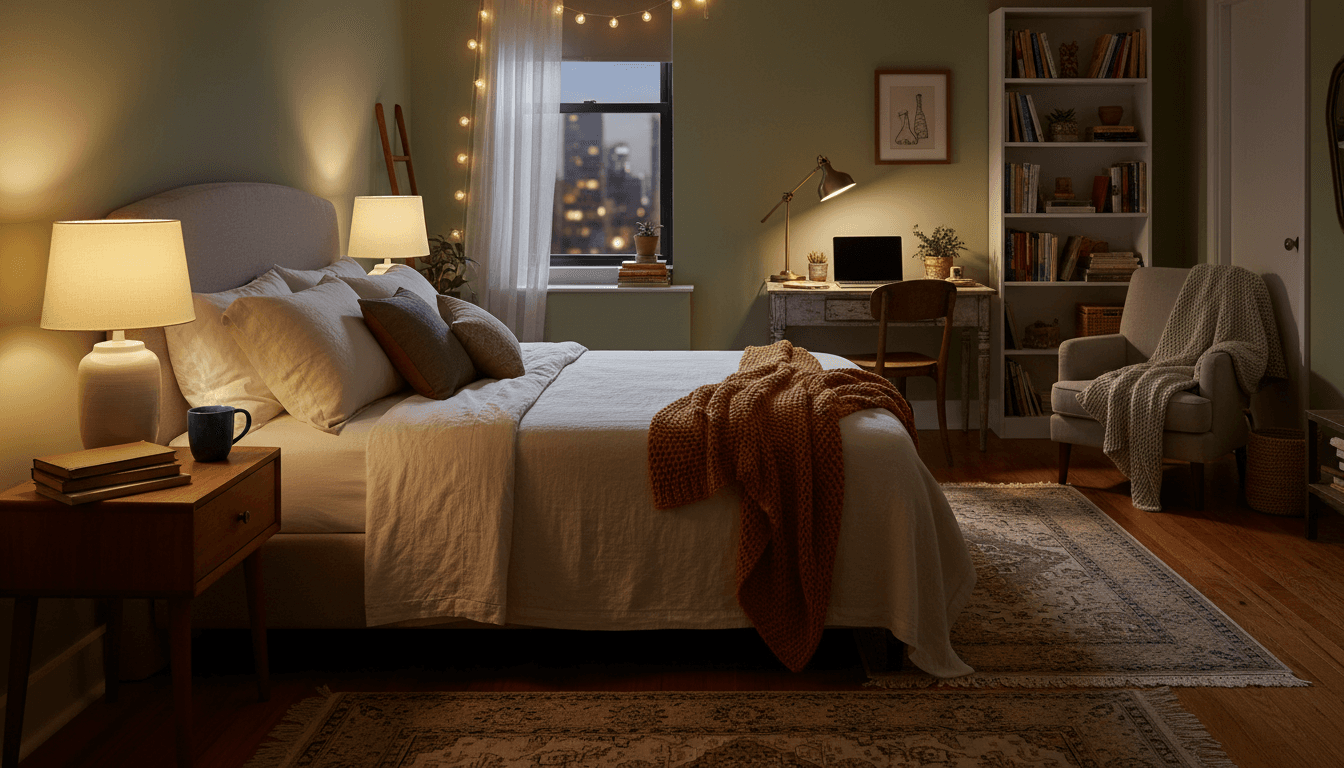 Cosy furnished bedroom with bed and lamp