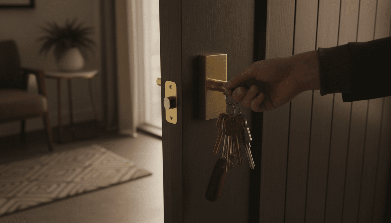 Hand holding keys in front of a stylish apartment door