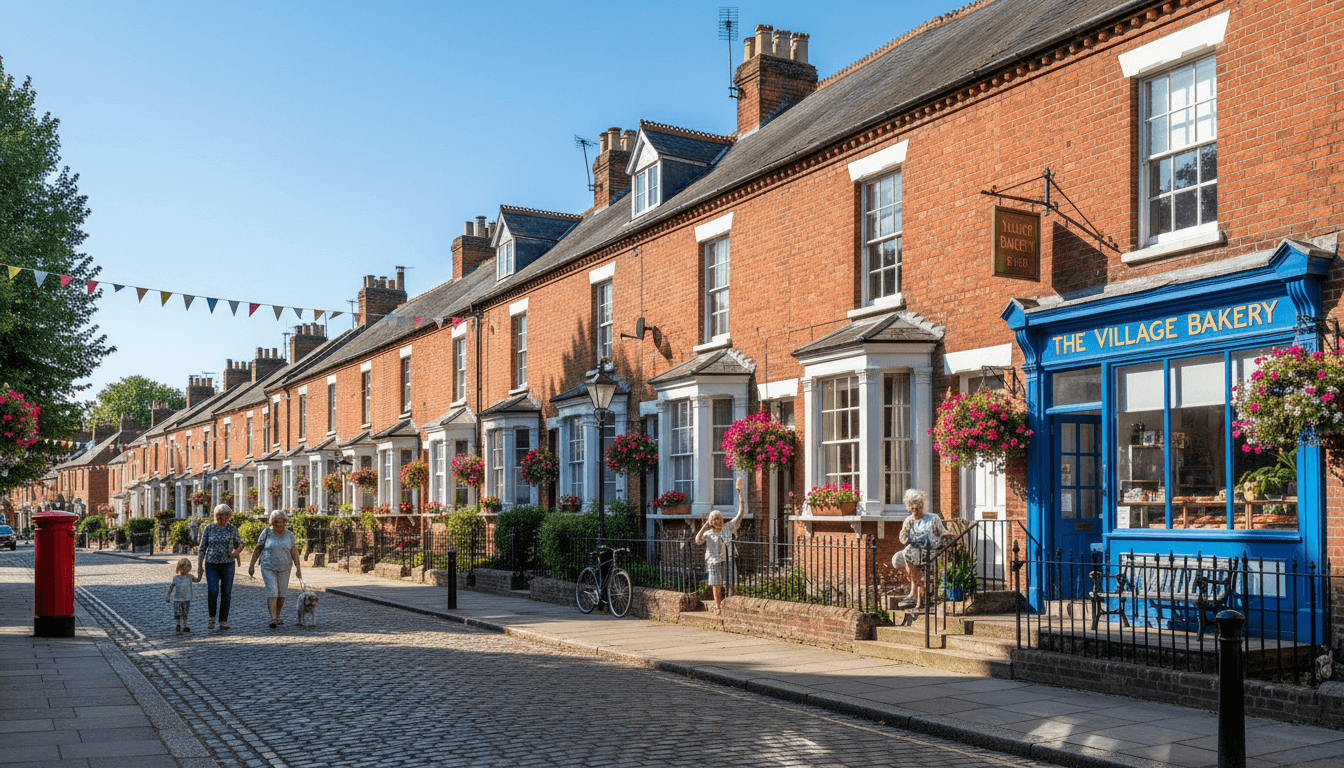 Quaint residential street with traditional UK townhouses