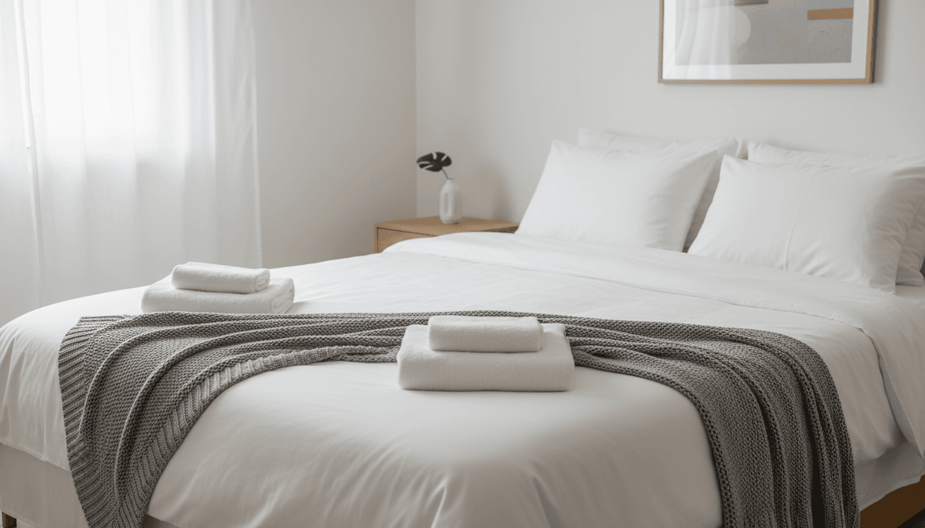 Neatly made bed with fresh linens