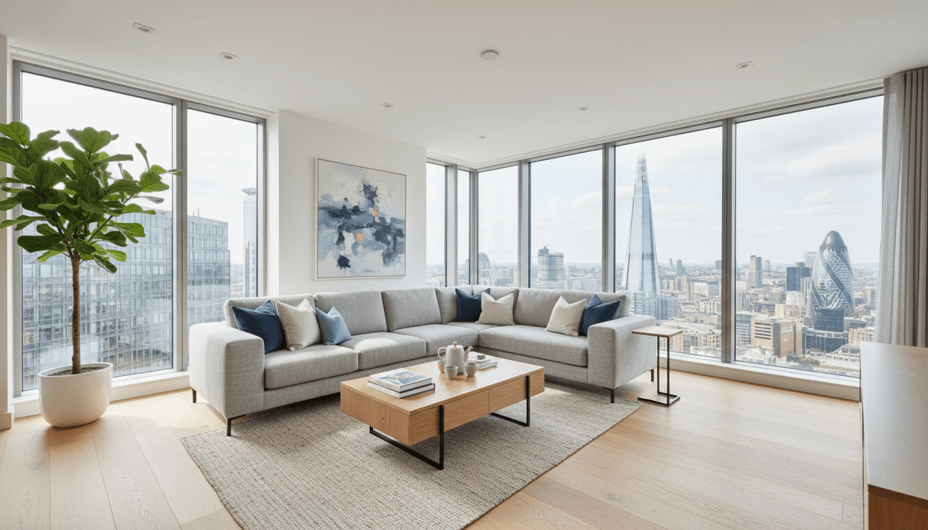 Bright furnished living room in a modern UK apartment