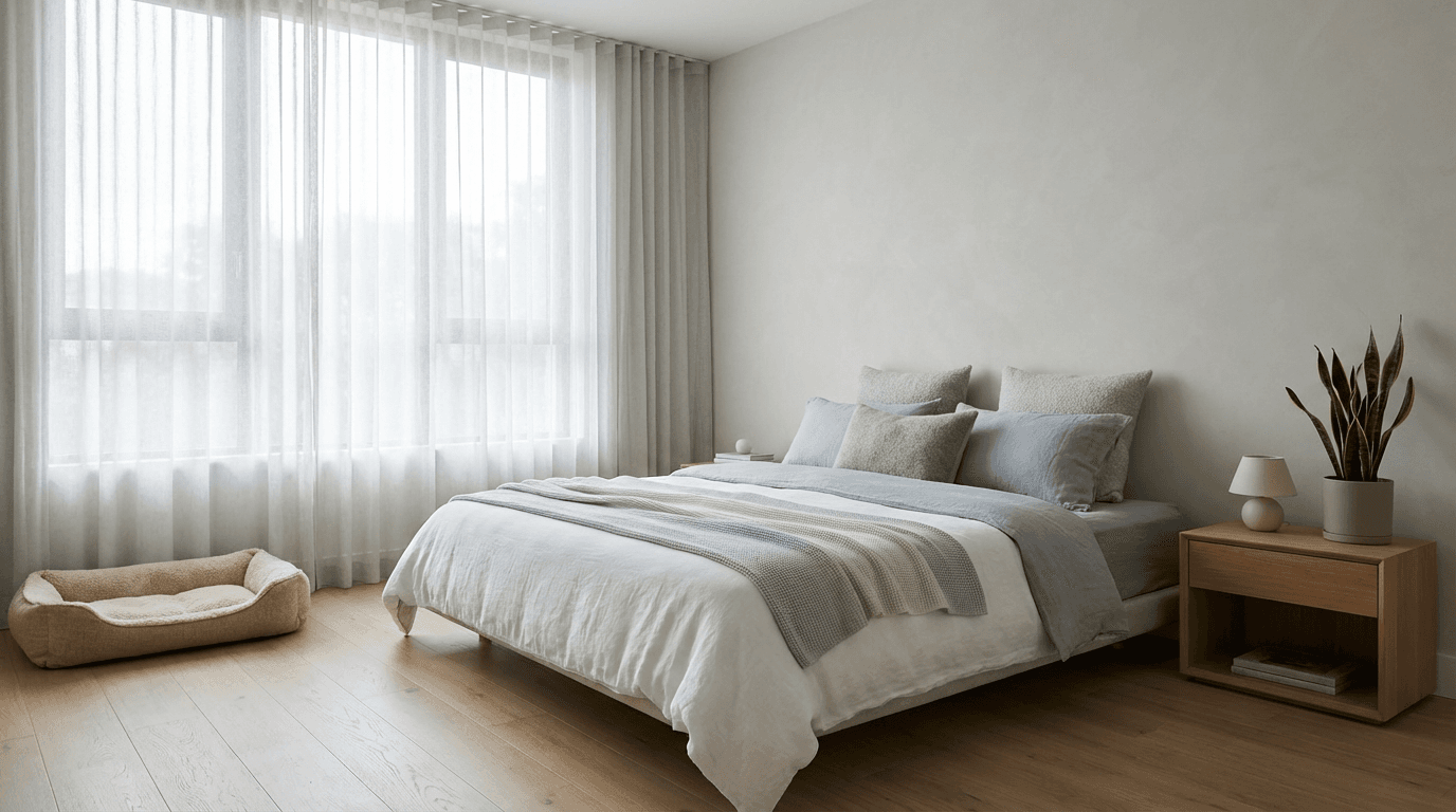 Comfortable bedroom with a made bed and soft lighting