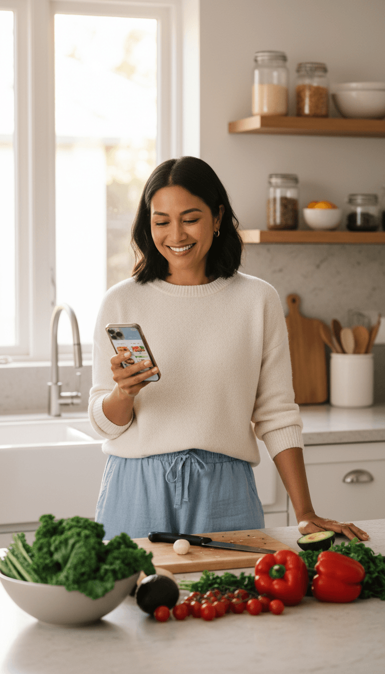 Person holding a phone in a bright kitchen, ready to answer guest questions