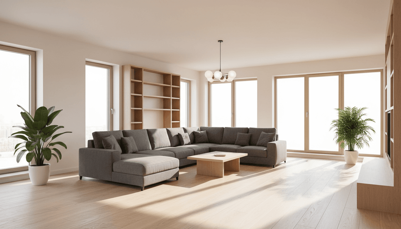 Bright modern living room in a stylish UK apartment with large windows and cozy furnishings