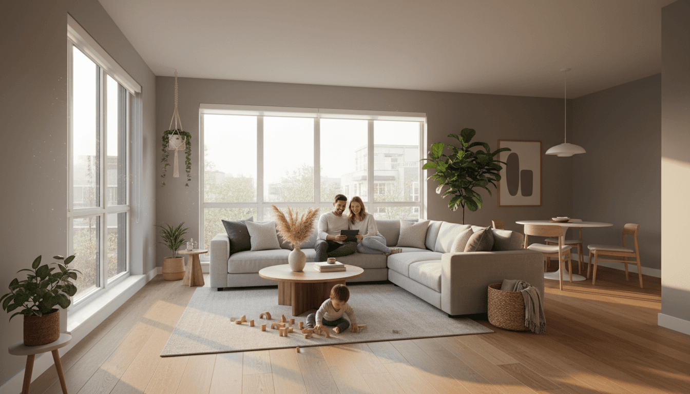 Bright living room in a furnished UK apartment with a sofa and coffee table