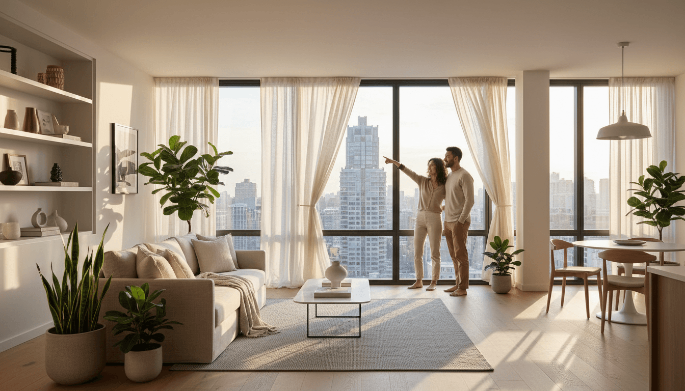 Fully furnished living room in a modern UK apartment with cosy seating and large windows
