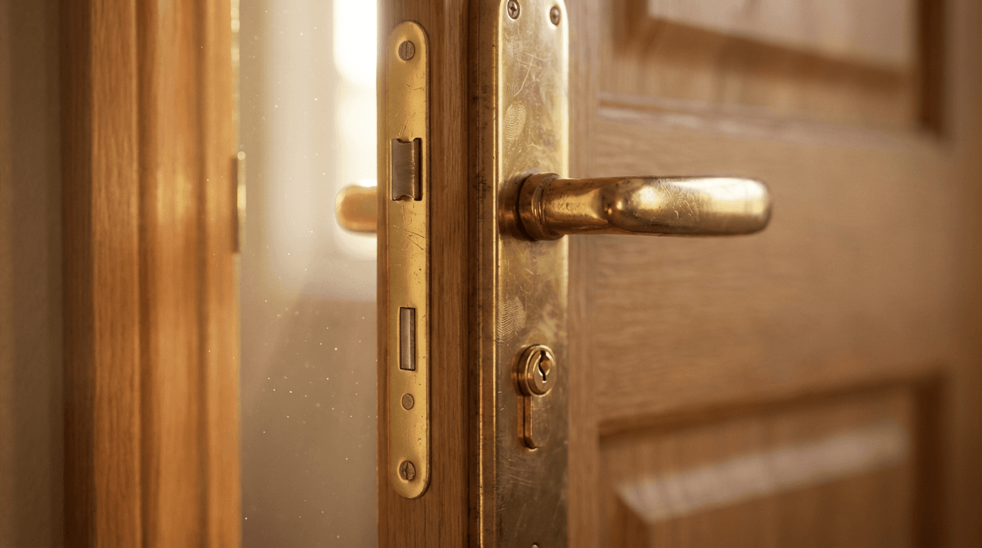 Hand turning a key in the door lock of a stylish UK apartment